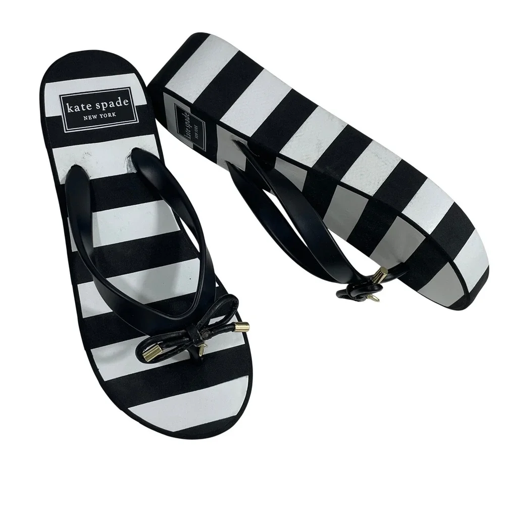 Kate Spade New York Black White Striped Platform Flip Flop Bow Sandals US 5M